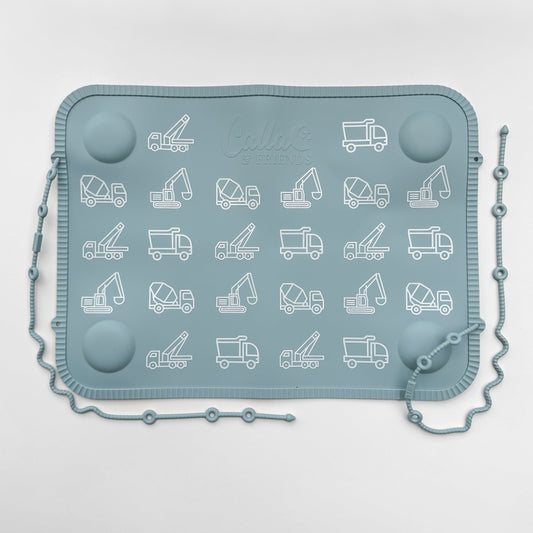 Tidy Traveler Printed Placemat Set | Powder Blue Trucks & Diggers