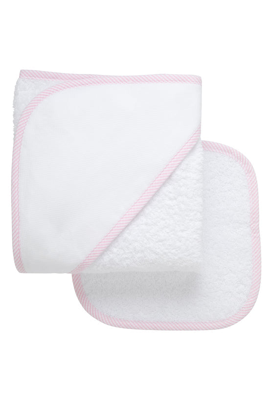 Seersucker Stripe Trim Baby Hooded Towel & Washcloth Set | Pink