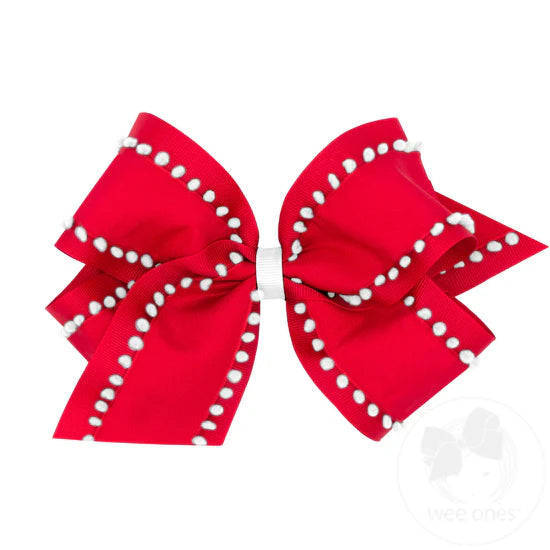 King Pom-Pom Edge Grosgrain Overlay Bow | Red Bow w/White