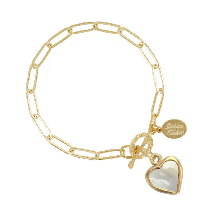 Small Mother of Pearl Heart Paperclip Bracelet