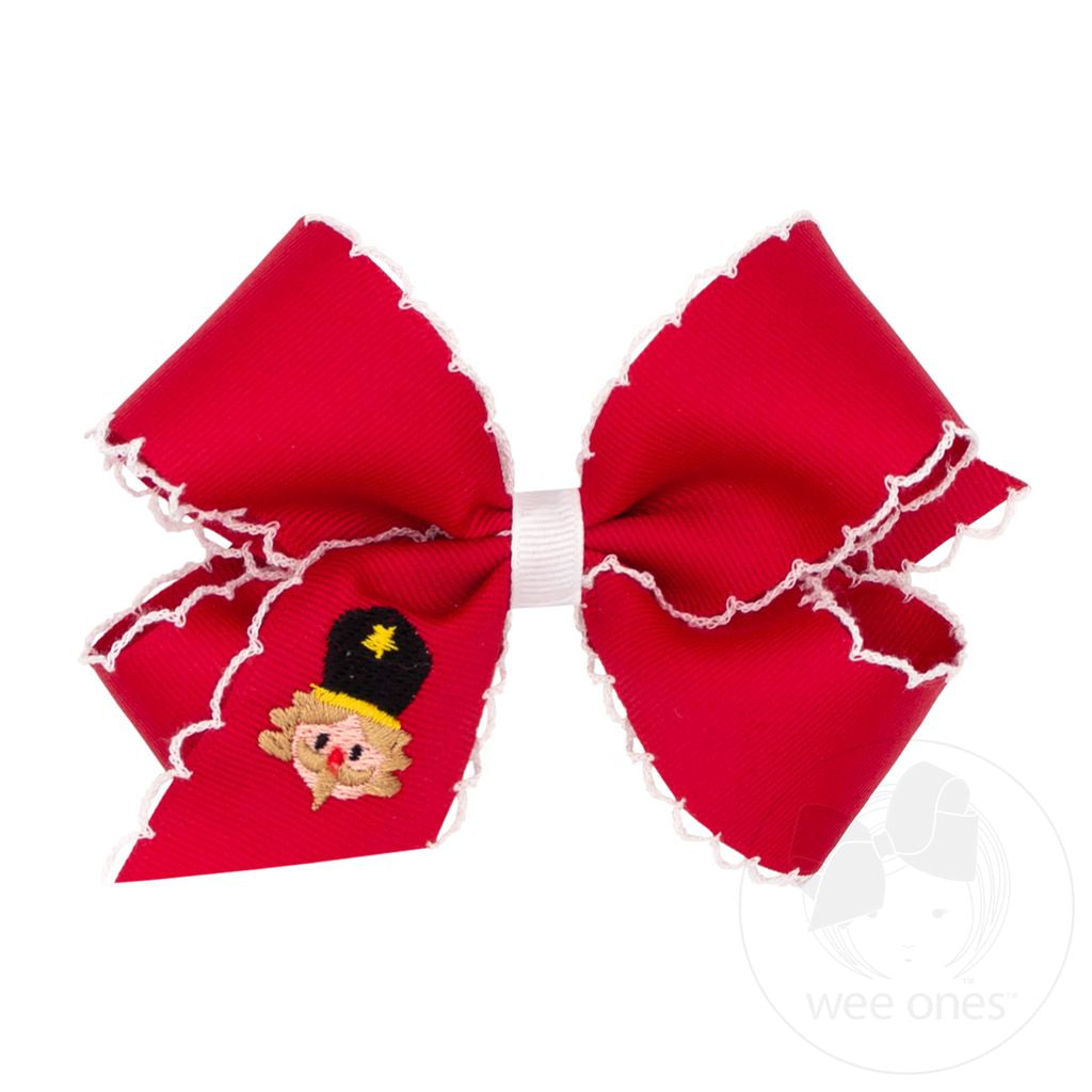 Medium Grosgrain Hair Bow with Moonstitch Edge | Red Bow w/Nutcracker