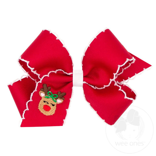 Medium Grosgrain Hair Bow with Moonstitch Edge | Red Bow w/Reindeer