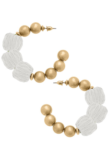 Barbados Raffia & Ball Bead Hoop Earrings | White