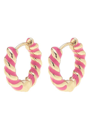 Amber Twisted Enamel Huggie Hoop Earrings | Neon Pink