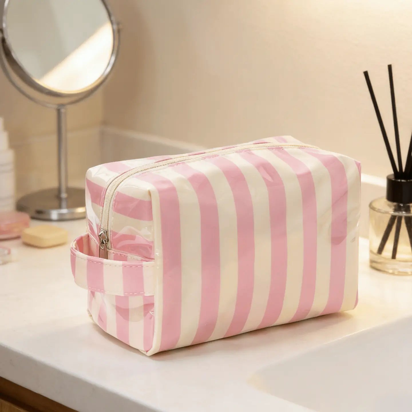 Waterproof Makeup Bag | Pink Stripe