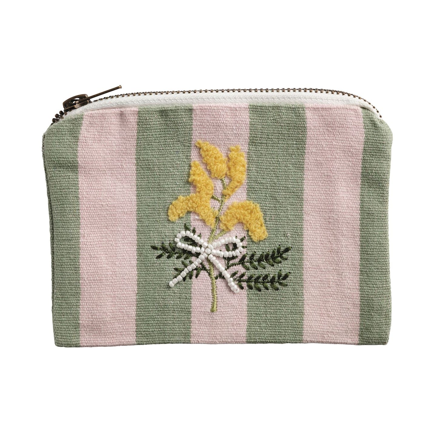 Pink Green Stripe Floral Embroidery Zipper Pouch