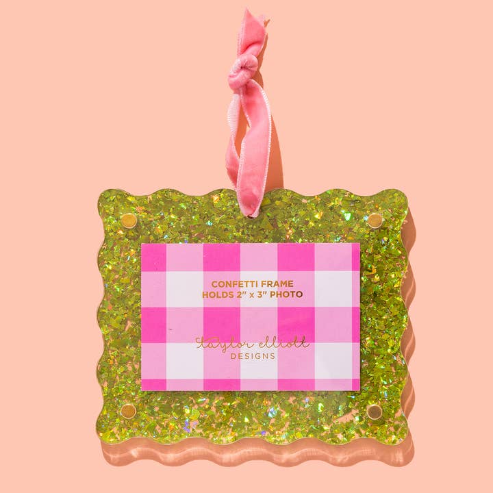 Acrylic Frame Ornament | Green w/ Light Pink Ribbon