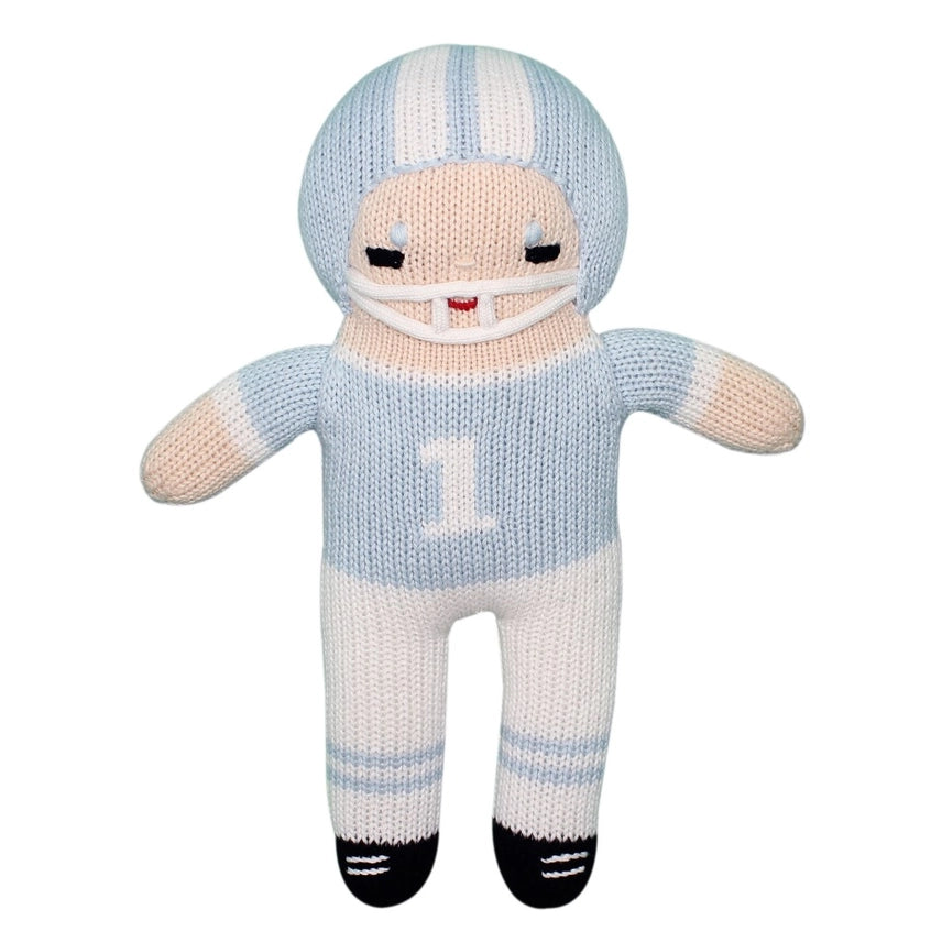 Knit Rattle | Football Player | Light Blue/White