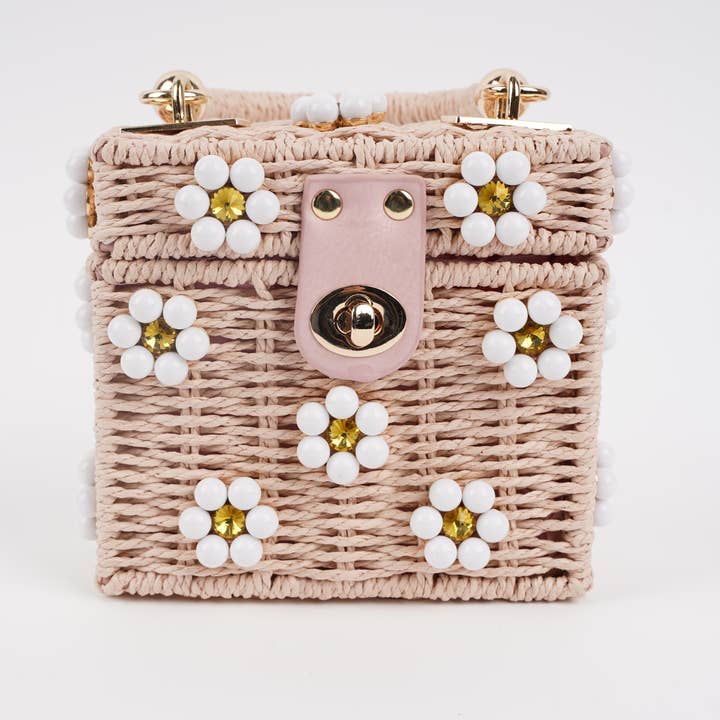 Small Wicker Bucket Daisy Flower Purse | Pink + White Daisy