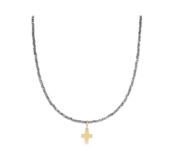17" Choker Silver Faceted Hematite 2mm Bead | Signature Cross Gold Charm