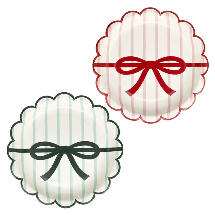 Paper Plate Set | Scalloped Red and Green Bows and Stripes