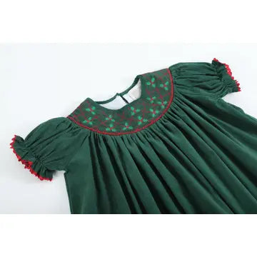 Green Christmas Mistletoe Smocked Bishop Dress