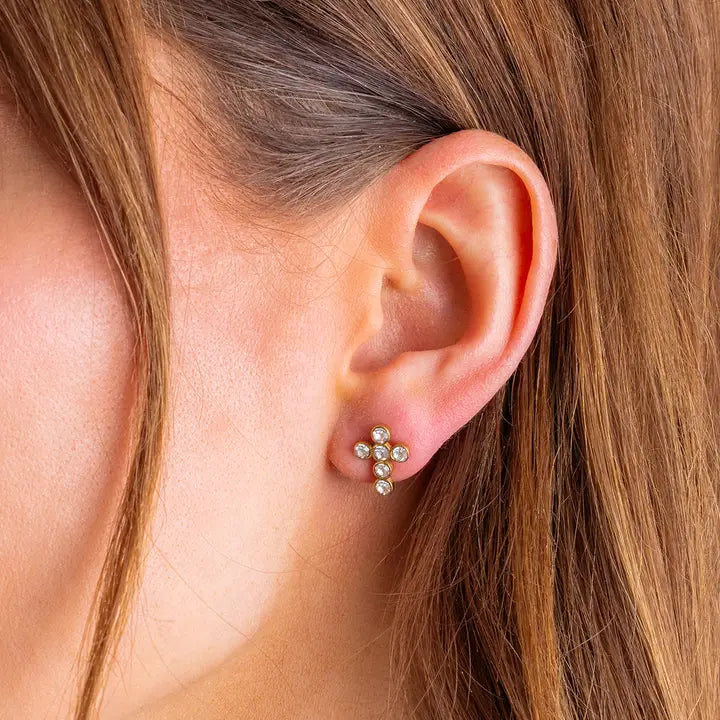 Stud Earrings | Gold-Plated Crystal Gem Crosses | Faith