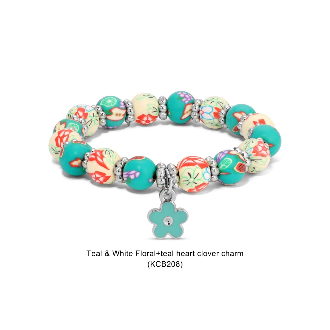Kids Clay Bracelet-Teal & White Floral w/ Teal Flower