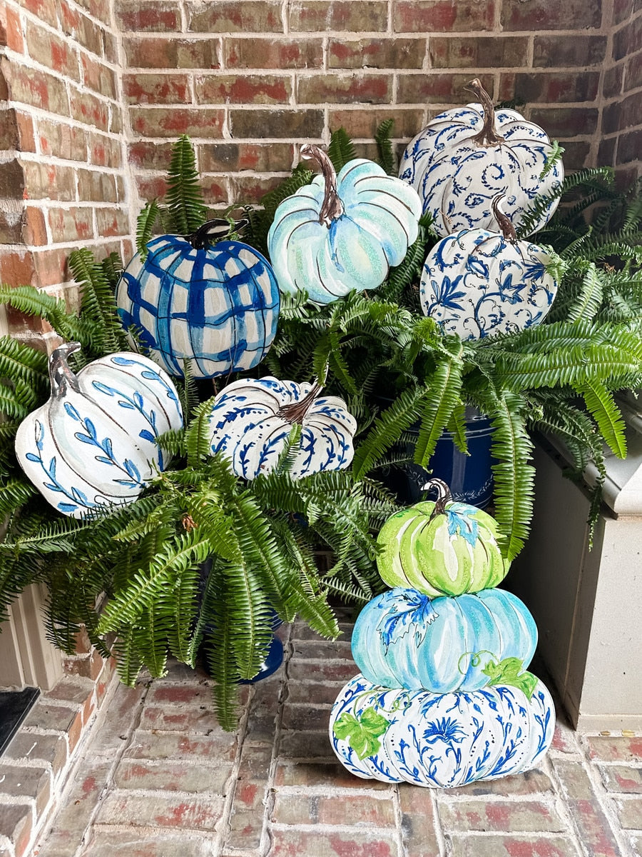 Metal Stake/Decor | Blue & White Pumpkins | Assorted Styles