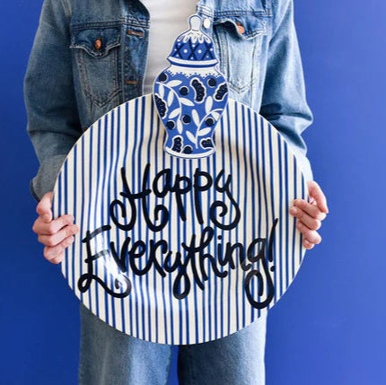 HE Big Round Happy Everything! Platter | Indigo Skinny Stripe