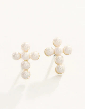 SLV Stud Earrings Faith/Pearl Cross Gold
