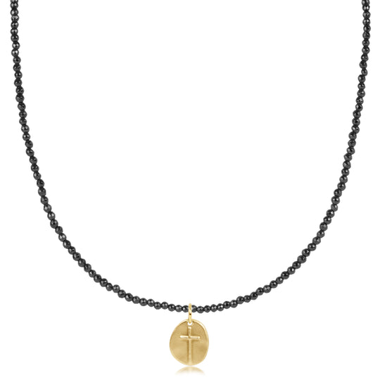 15" Choker Faceted Hematite 2mm Bead | Inspire Small Gold Charm