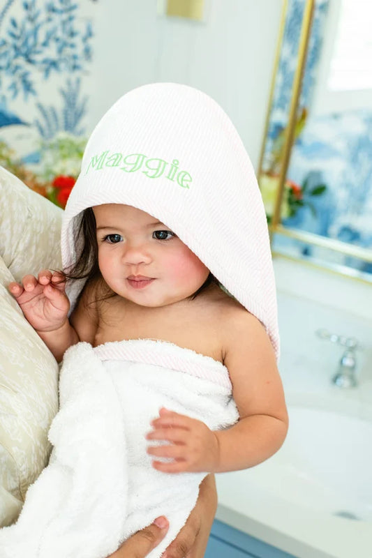 Seersucker Stripe Baby Hooded Towel & Washcloth Set | Pink