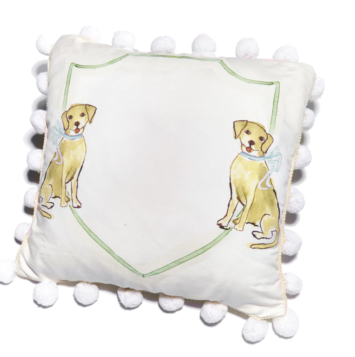 Yellow Dog with Blue Bow and Pompom Trim
