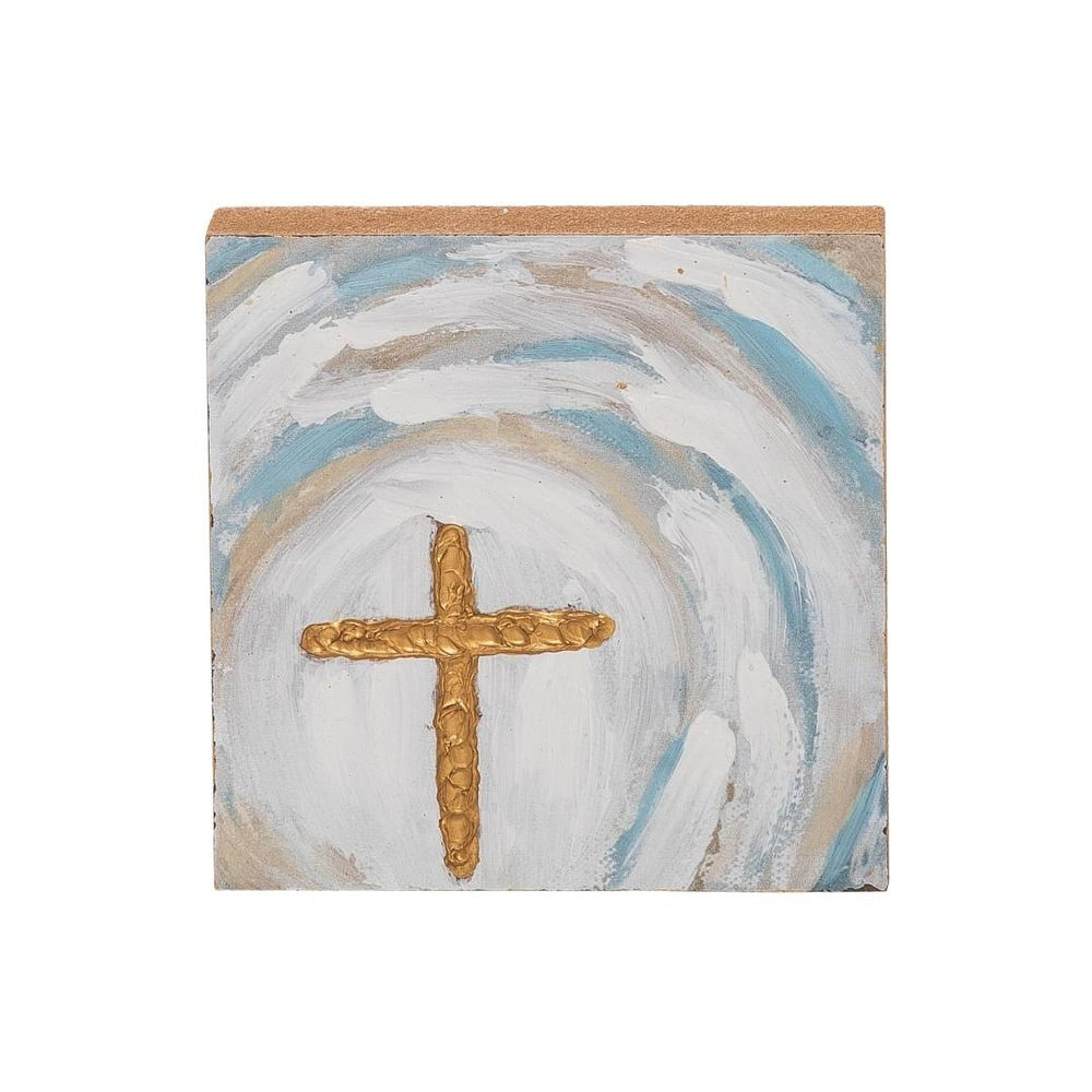 Wood Block with Cross Hand-Painted He Is Home