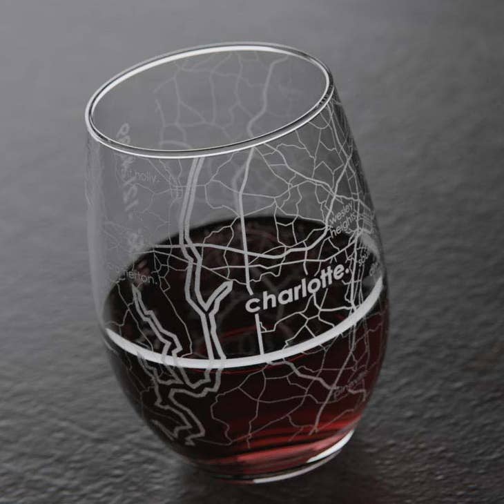 Charlotte NC Map Stemless Wine Glass
