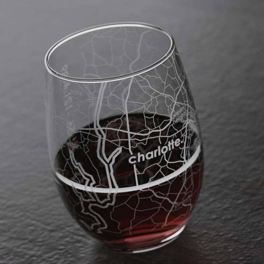 Charlotte NC Map Stemless Wine Glass