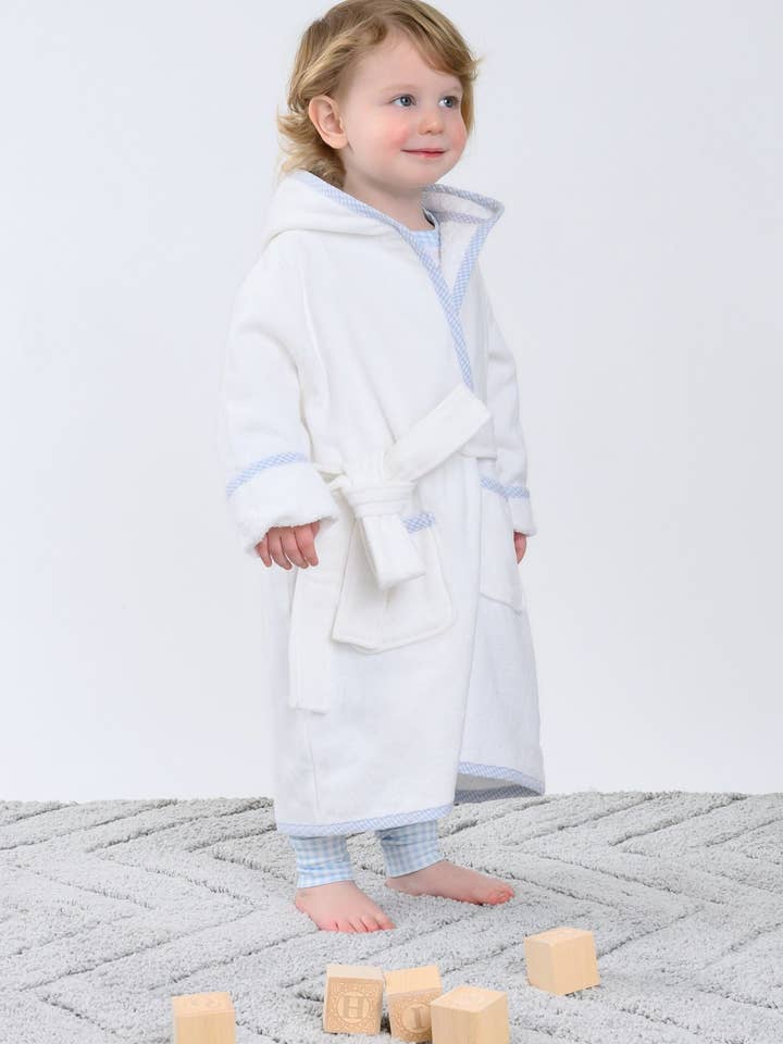 Essentials Gingham Trim Bathrobe | White/Blue