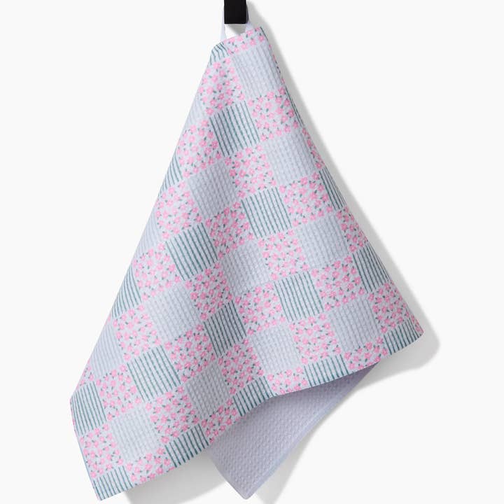 Bar Towel | Mini Flowers and Stripes Check | Pink and Green