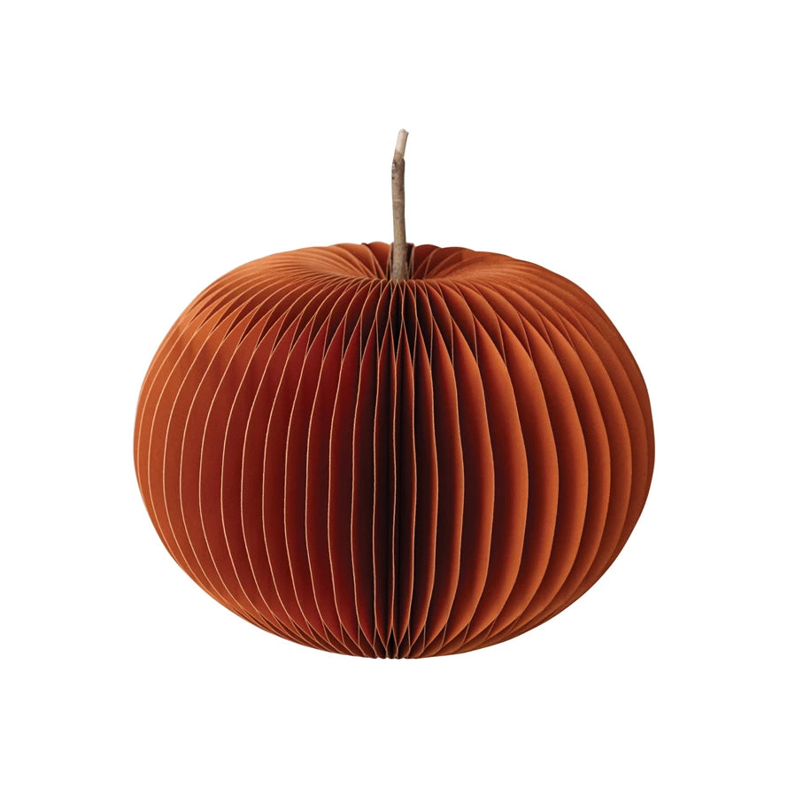 Paper Folding Honeycomb Pumpkin w/ Dried Natural Twig Stem | Orange