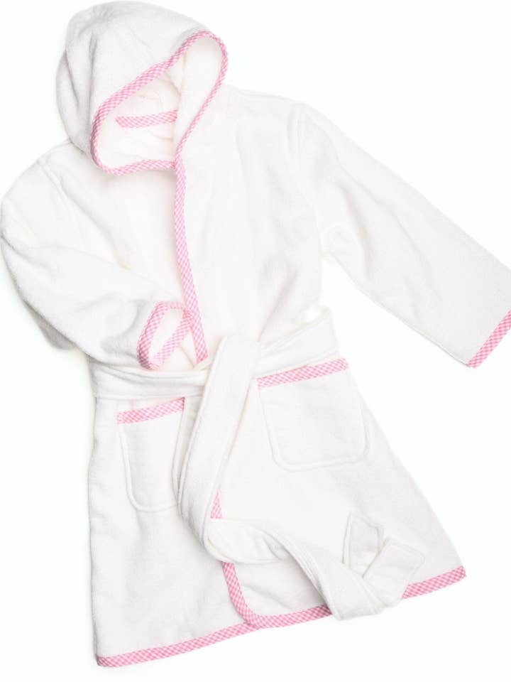 Essentials Gingham Trim Bathrobe | White/Pink