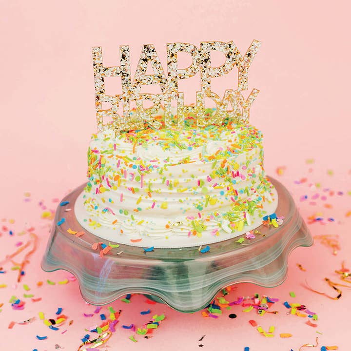 Happy Birthday Pearl + Gold Confetti Cake Topper