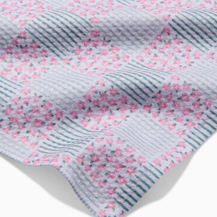 Bar Towel | Mini Flowers and Stripes Check | Pink and Green