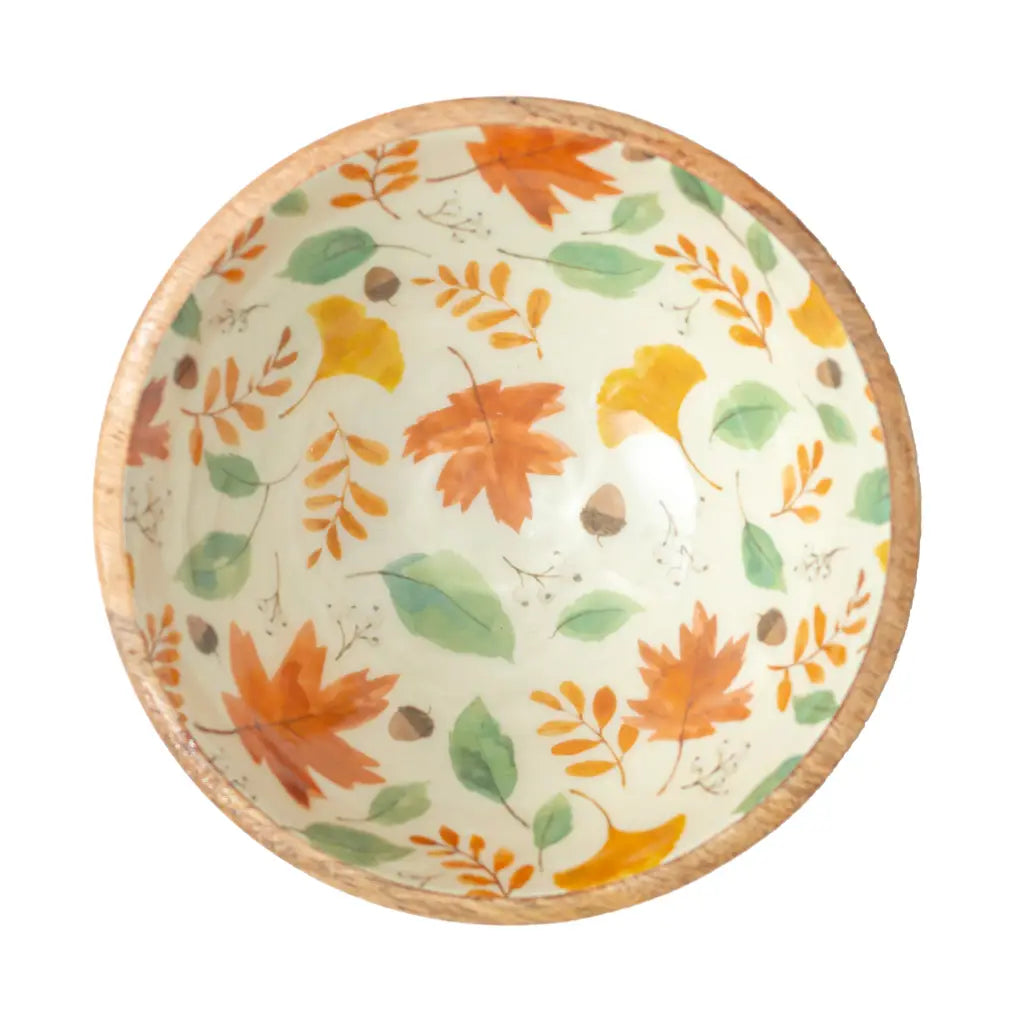Harvest Leaves Round Mango Wood Bowl