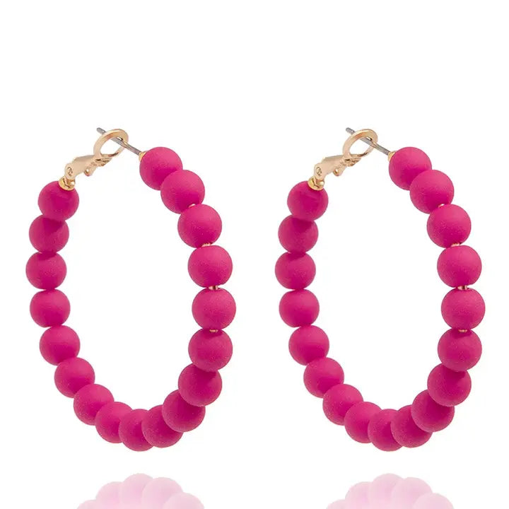 Matte Resin Bead Hoop Earring | Hot Pink