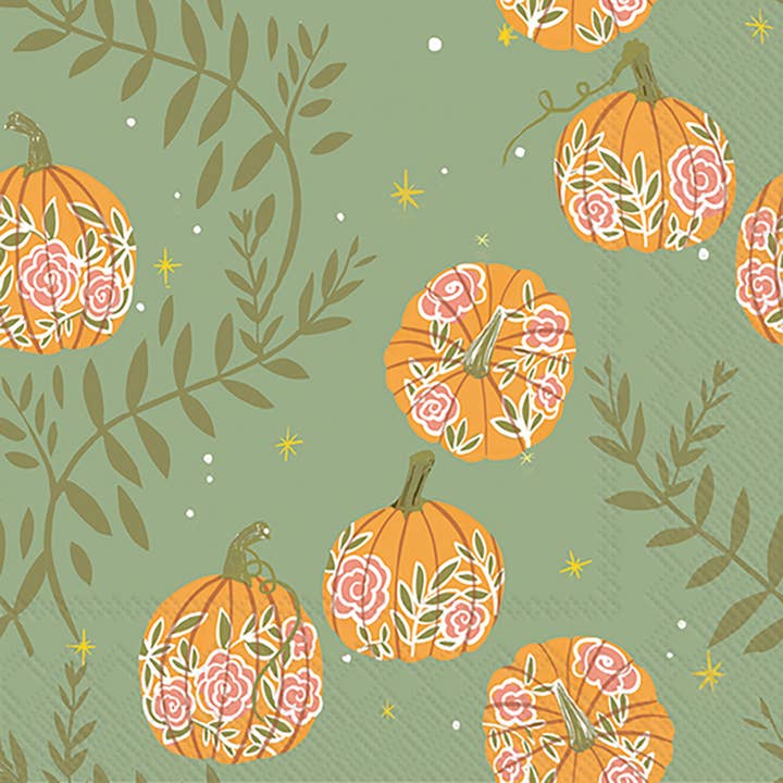Paper Cocktail Napkins | Pumpkins with Roses Green