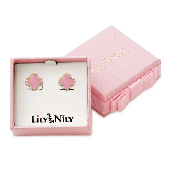 Stud Earrings | Gold | Four Leaf Clover | Pink