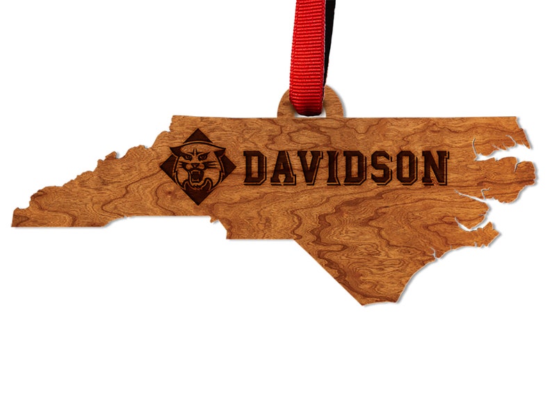 Davidson College Davidson and Wildcat on North Carolina Outline Cherry Ornament