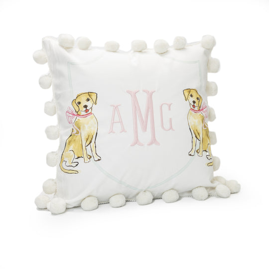 Yellow Dog with Pink Bow and Pompom Trim