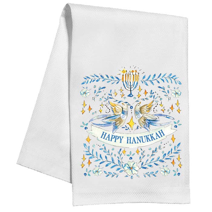Kitchen Towel - Happy Hanukkah Doves and Florals