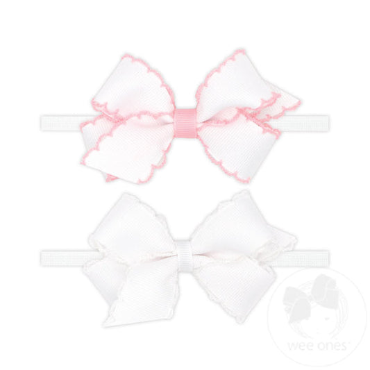 Set of 2 | Mini Moonstitch Grosgrain Bows - White & Pink