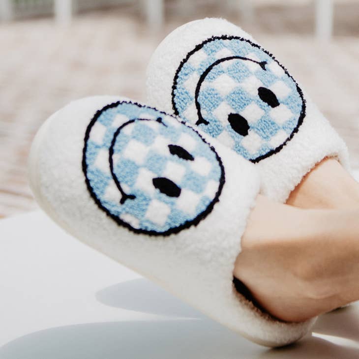 Slippers - Light Blue Checkered Happy Face