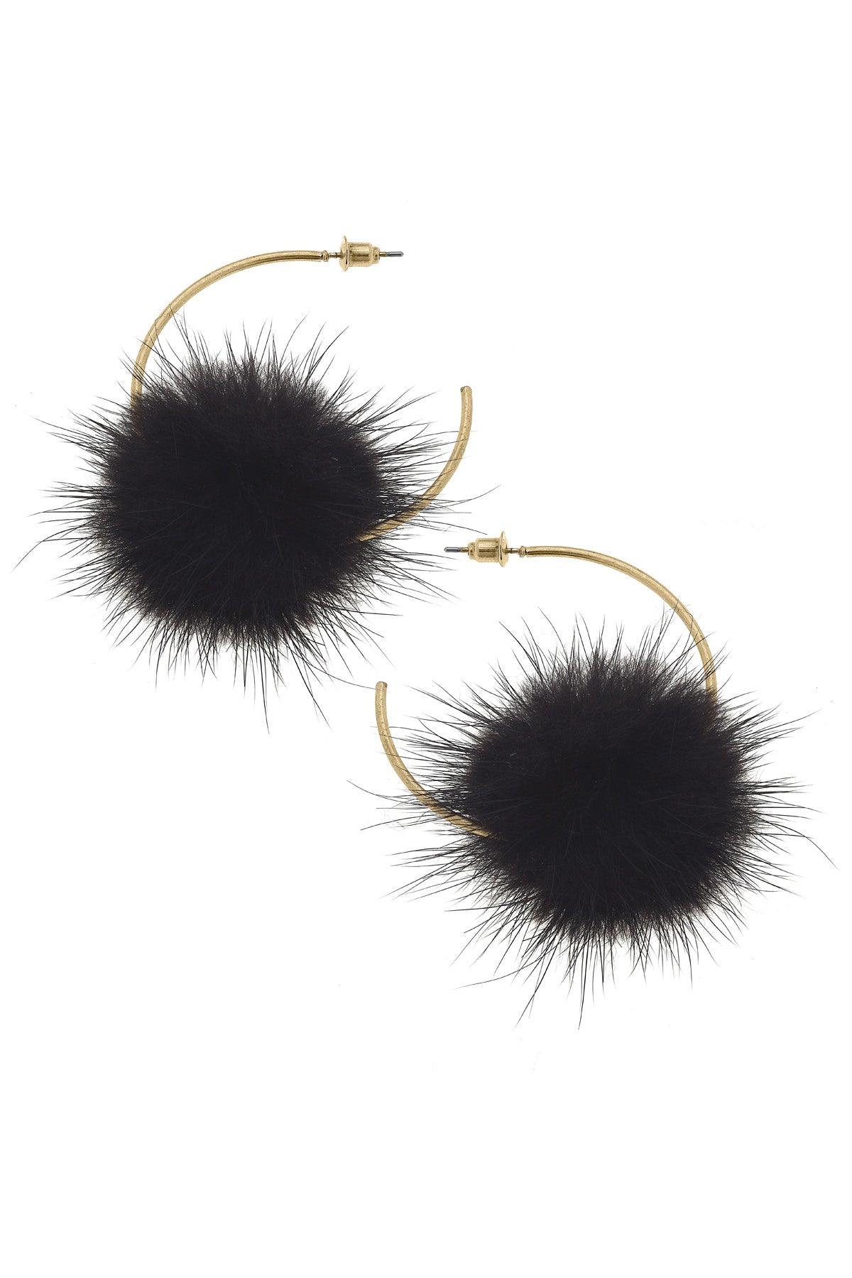 Kyra Faux Mink Pompon Hoop Earrings | Black
