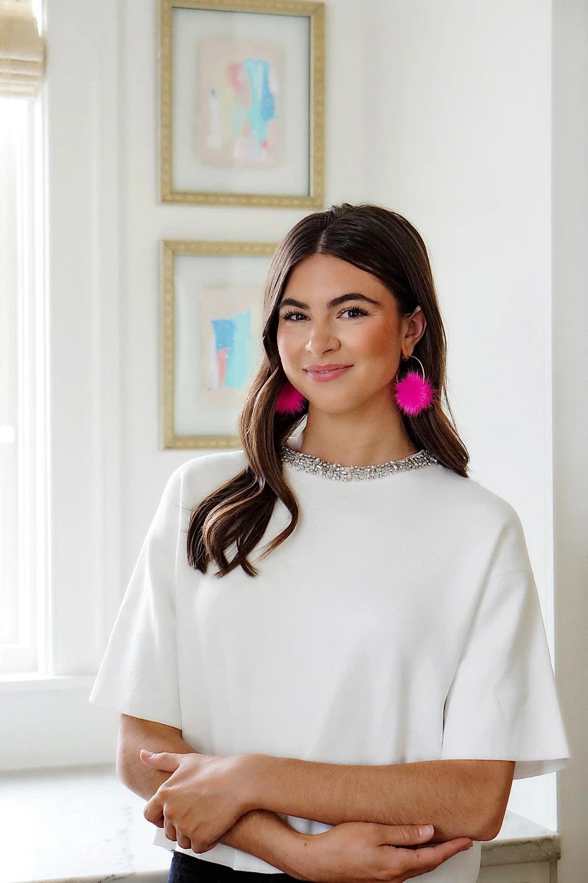 Kyra Faux Mink Pompon Hoop Earrings | Fuchsia