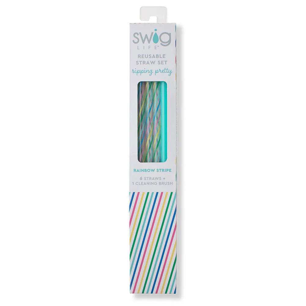 Reusable Straw Set | Rainbow Stripe + Aqua