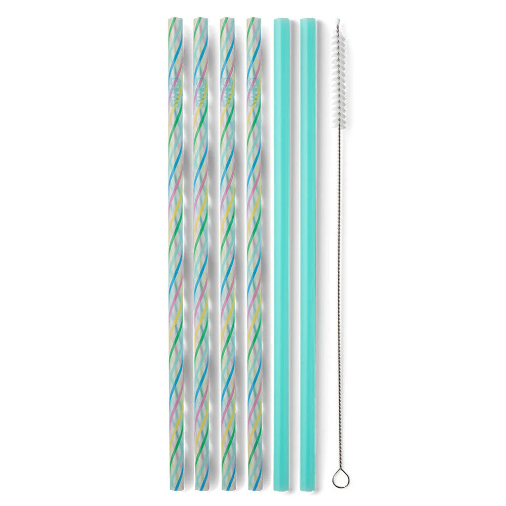 Reusable Straw Set | Rainbow Stripe + Aqua