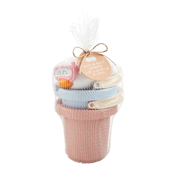 Pink Wind-Up Bath Swimmer & Bucket Set