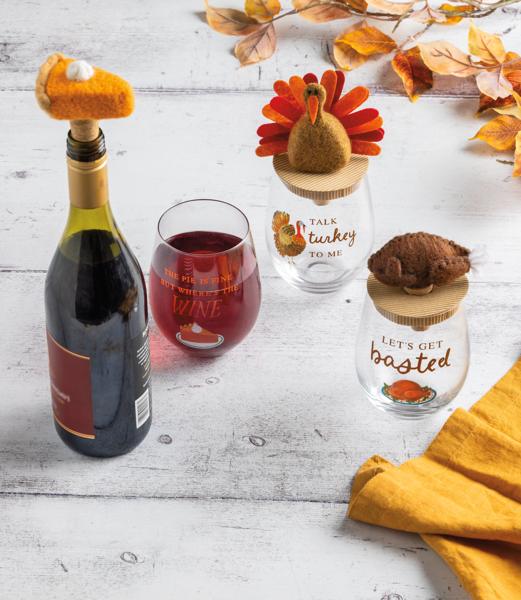 Turkey Thanksgiving Wine Glass & Stopper Set
