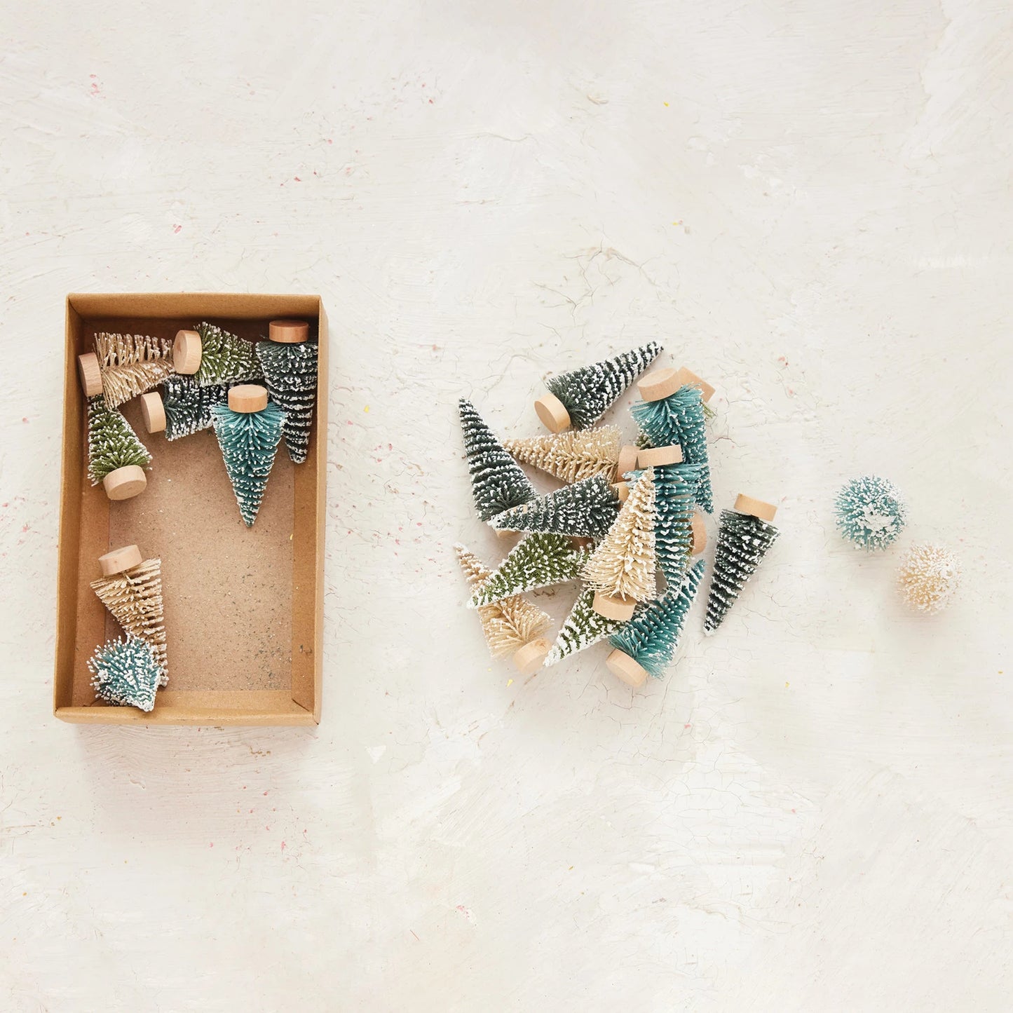 Bottle Brush Trees with Wood Bases & Snow Finish | Boxed Set of 24