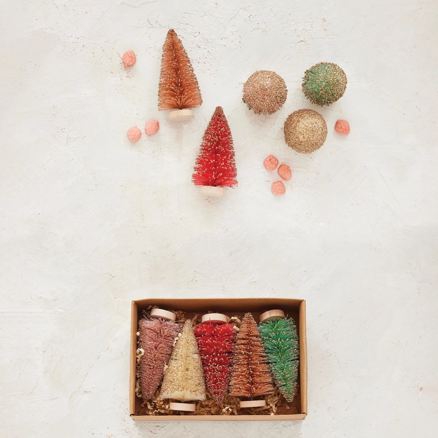 Bottle Brush Trees with Glitter & Wood Bases | Boxed Set of 5